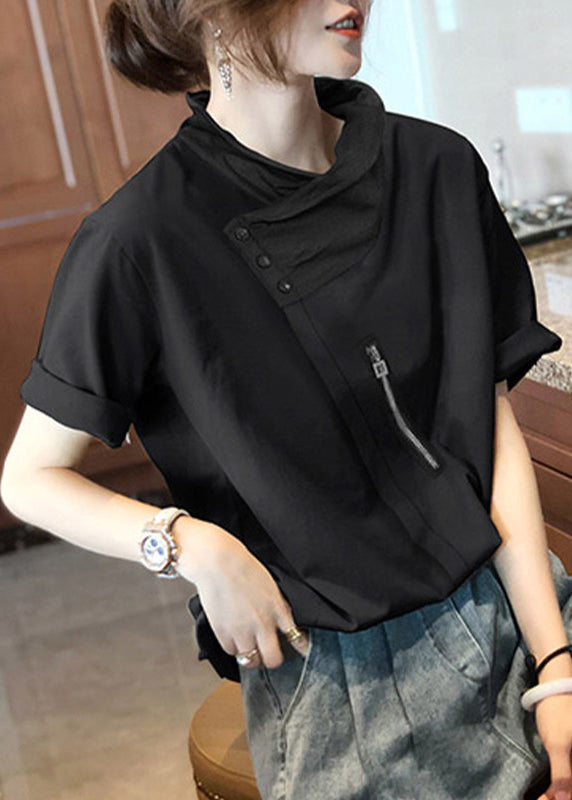 New Black Zippered Patchwork Cotton T Shirt Tops Summer