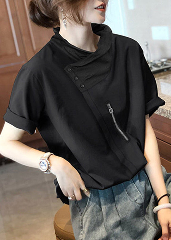New Black Zippered Patchwork Cotton T Shirt Tops Summer