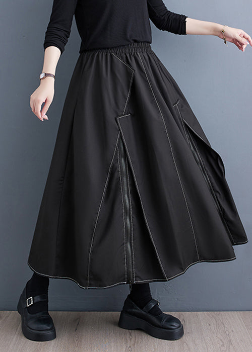 New Black Zippered Pockets Elastic Waist Cotton Skirts Fall