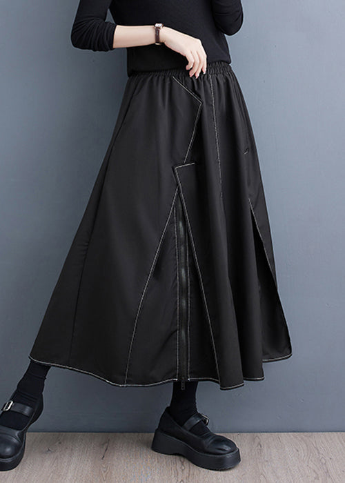 New Black Zippered Pockets Elastic Waist Cotton Skirts Fall