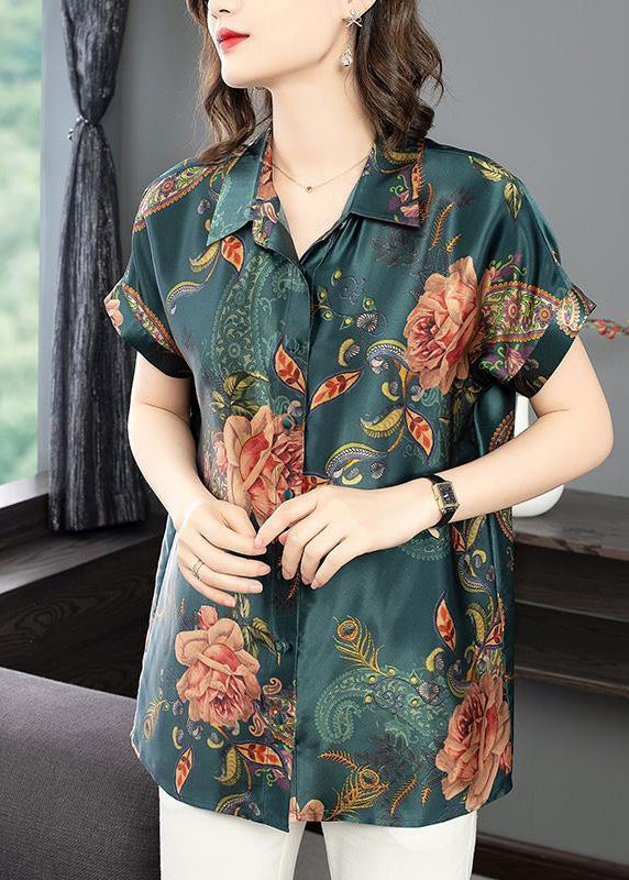 New Blackish Green Peter Pan Collar Print Silk Shirt Summer