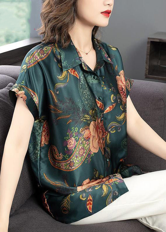 New Blackish Green Peter Pan Collar Print Silk Shirt Summer