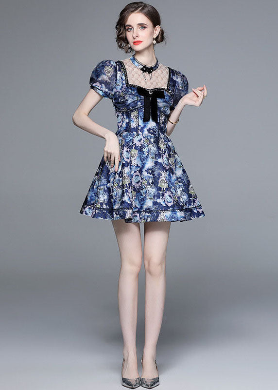 New Blue Bow Wrinkled Print Patchwork Cotton Mid Dress Puff Sleeve