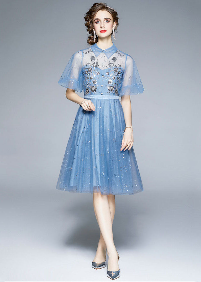 New Blue Embroideried Sequins Patchwork Tulle Mid Dress Puff Sleeve