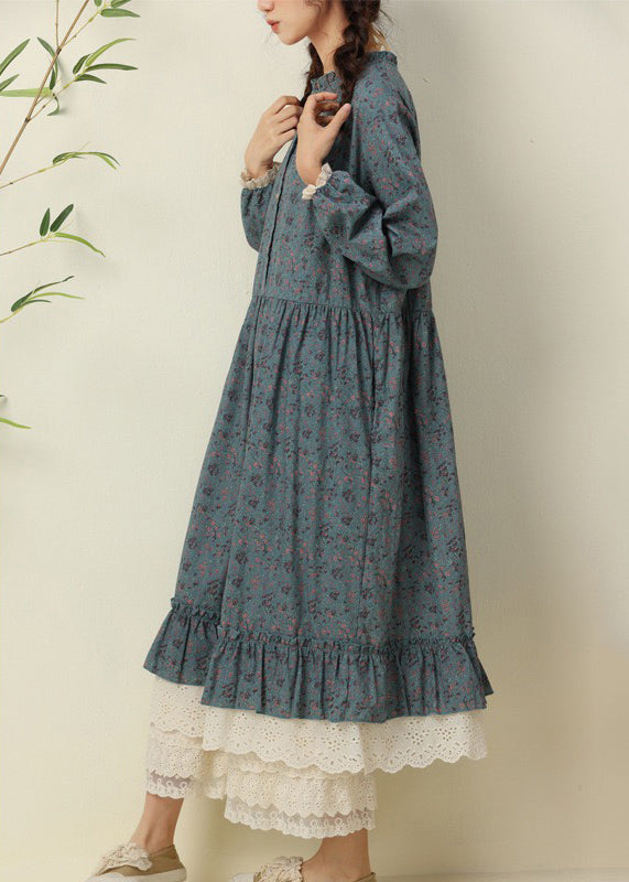 New Blue Print Lace Patchwork Cotton Long Dresses Spring