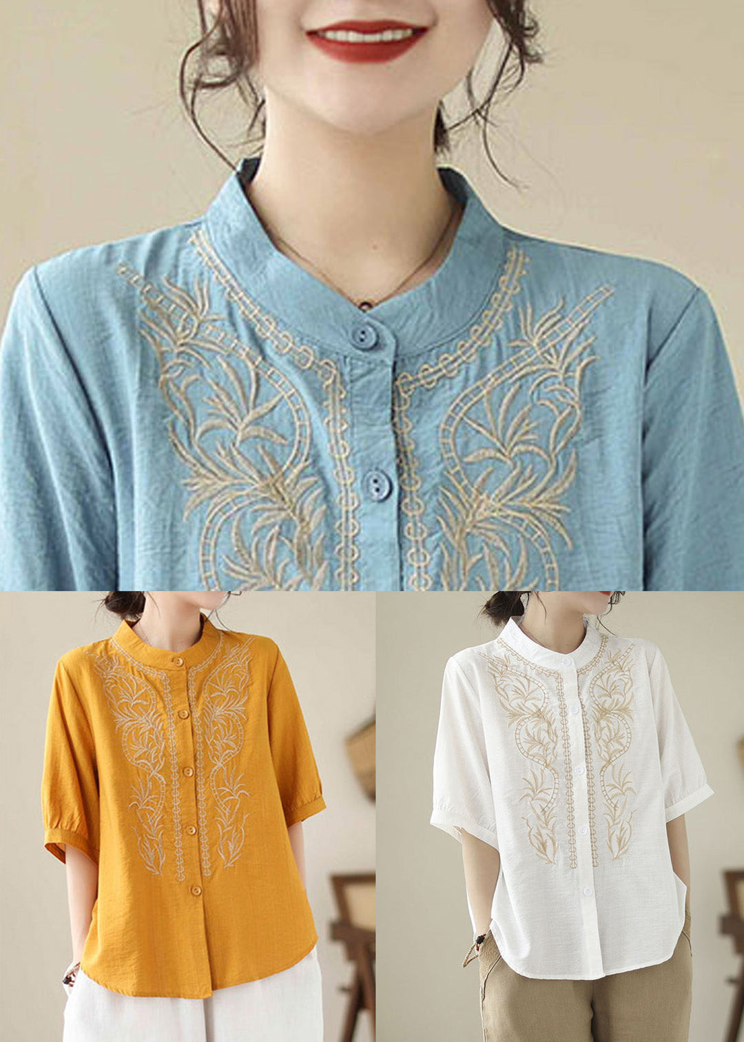 New Blue Stand Collar Button Embroideried Cotton Shirt Summer