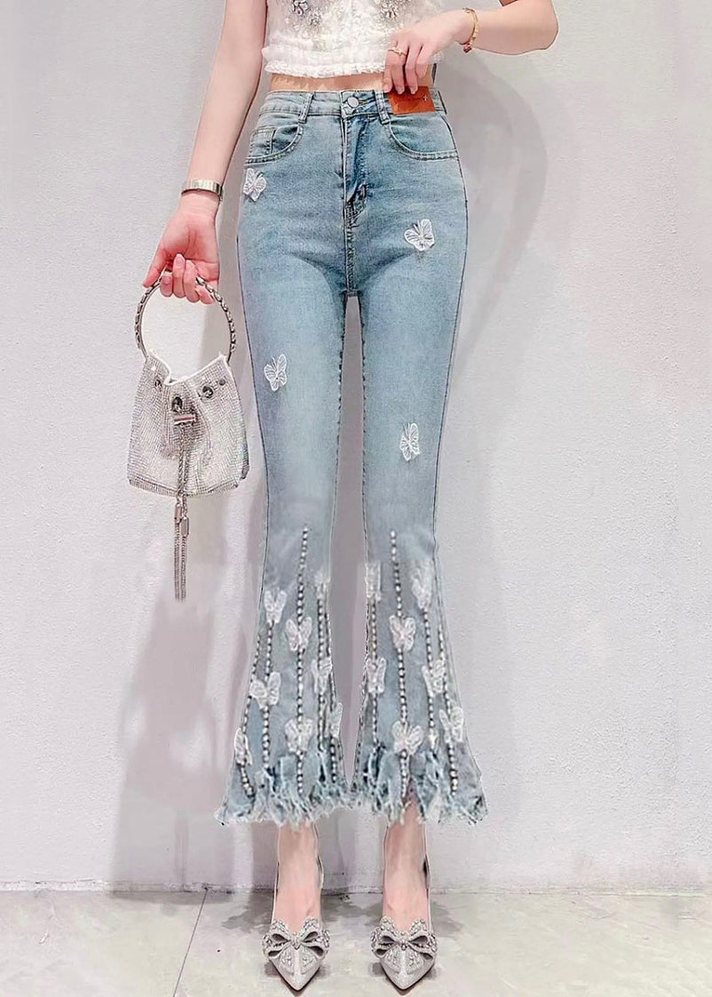 New Blue Zircon Pockets High Waist Denim Crop Pants Spring