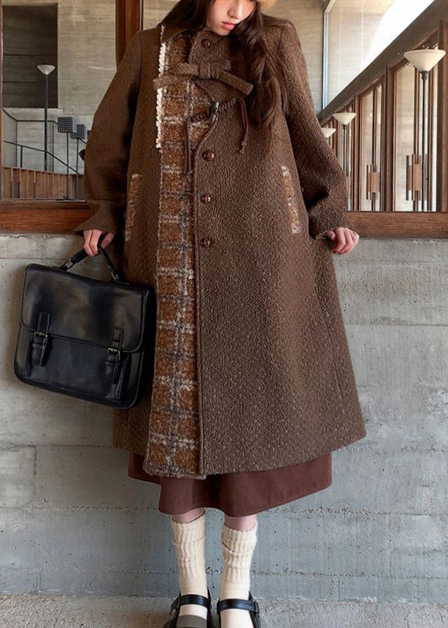 New Brown Peter Pan Collar Pockets Patchwork Woolen Coat Winter
