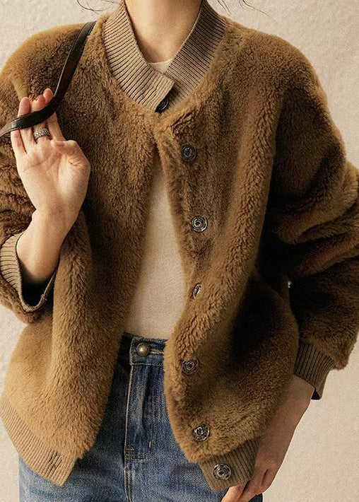 New Brown Stand Collar Pockets Patchwork Wool Jacket Winter