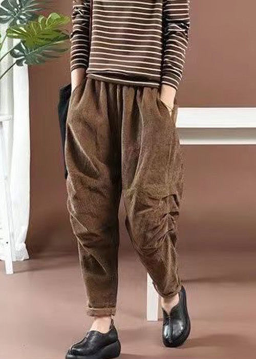 New Brown Wrinkled Pockets High Waist Corduroy Harem Pants