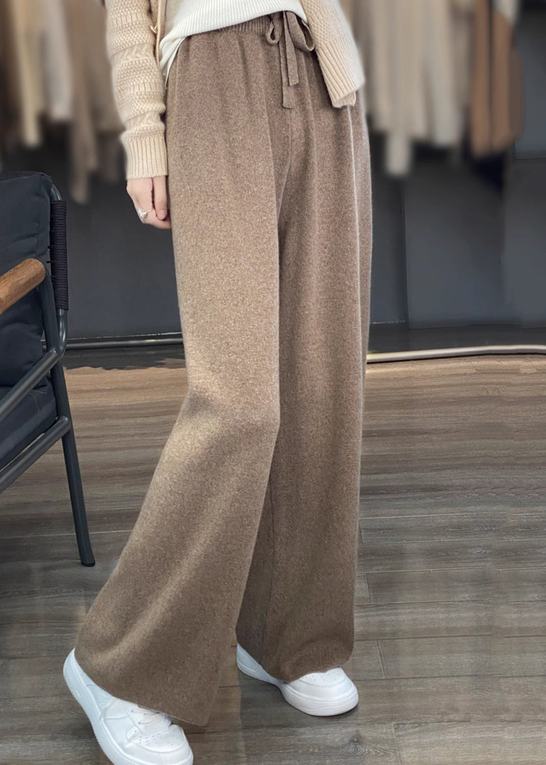 New Camel High Waist Patchwork Thick Wool Knit Pants Fall