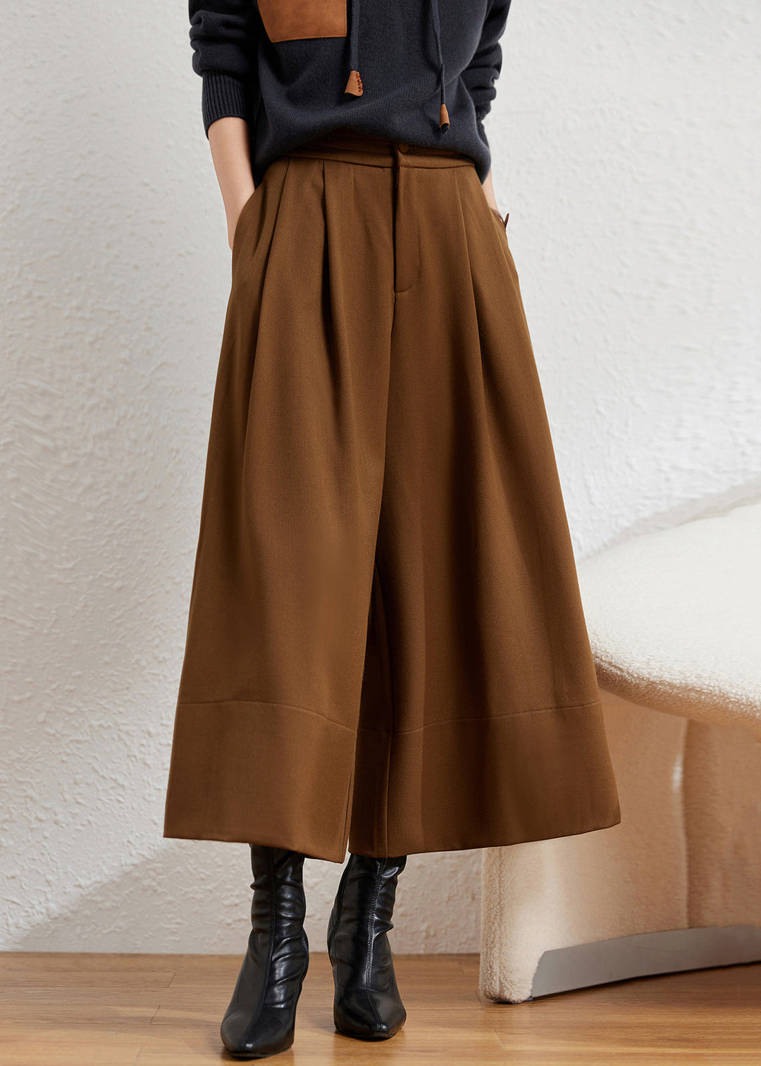 New Caramel Pockets High Waist Cotton Wide Leg Pants Fall - Omychic