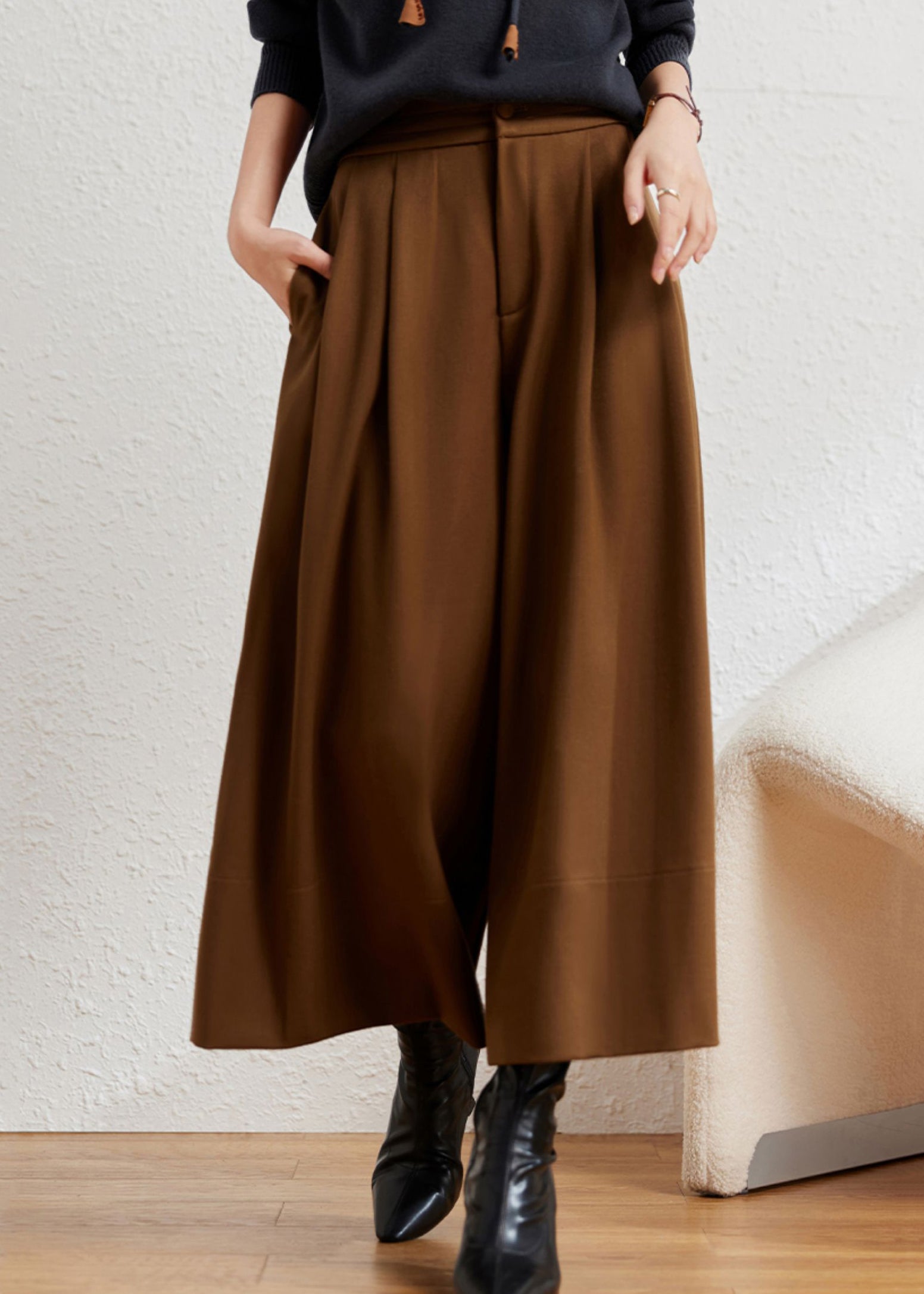 New Caramel Pockets High Waist Cotton Wide Leg Pants Fall - Omychic
