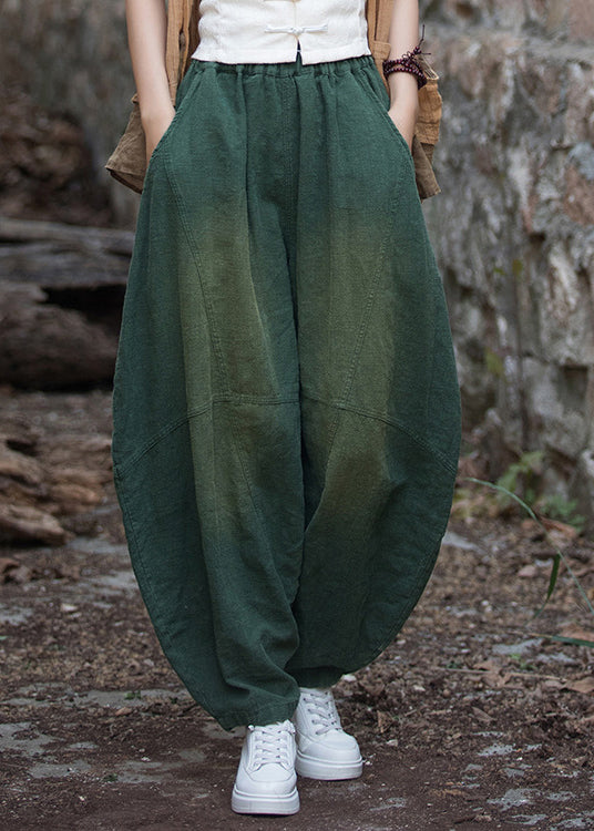 New Casual Green Pockets Patchwork Linen Lantern Pants Fall