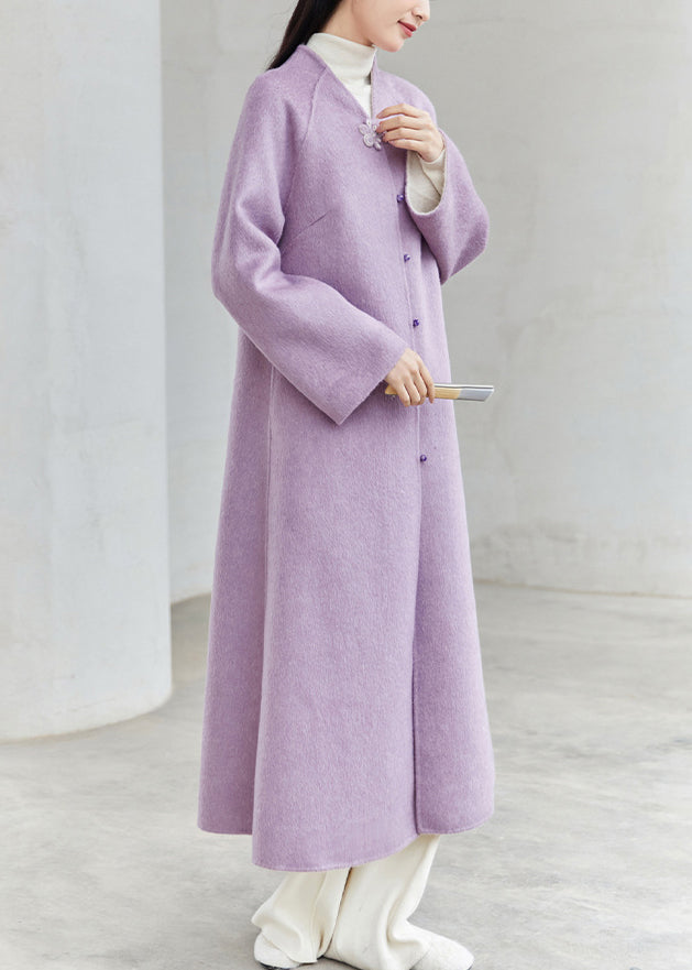 New Chinese Style Purple V Neck Button Patchwork Loose Woolen Coats Winter