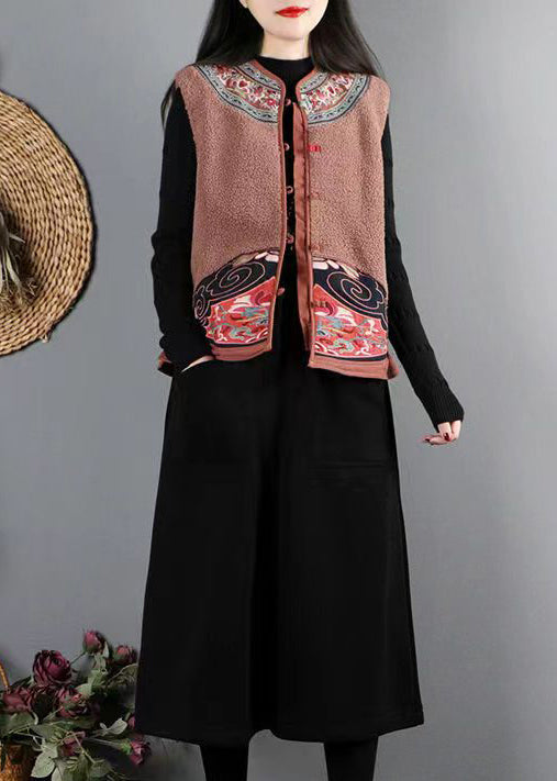 New Coffee Embroideried Button Patchwork Teddy Faux Fur Waistcoat Fall