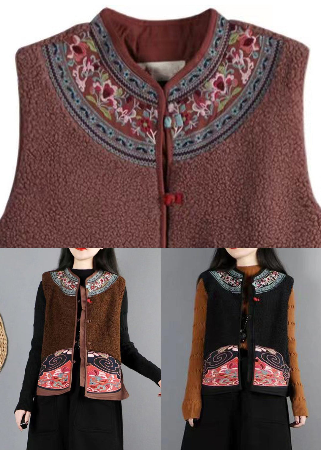 New Coffee Embroideried Button Patchwork Teddy Faux Fur Waistcoat Fall