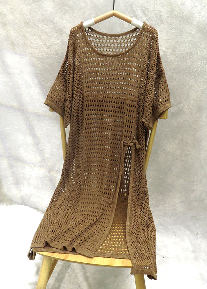 New Coffee O Neck Hollow Out Side Open Knit Mid Dress Summer