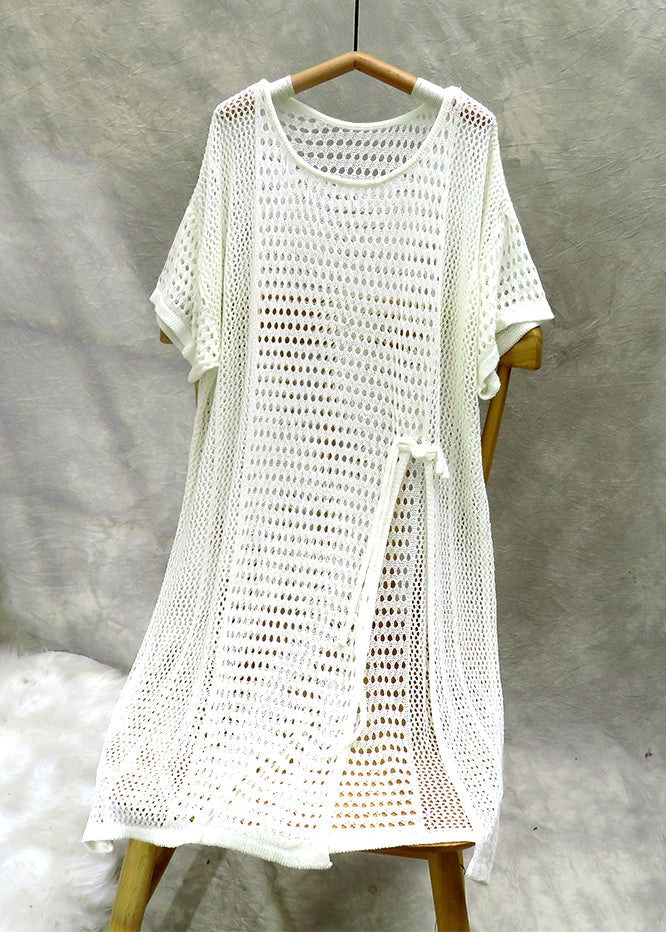 New Coffee O Neck Hollow Out Side Open Knit Mid Dress Summer