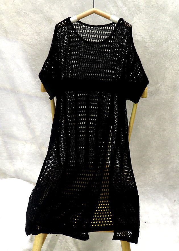 New Coffee O Neck Hollow Out Side Open Knit Mid Dress Summer