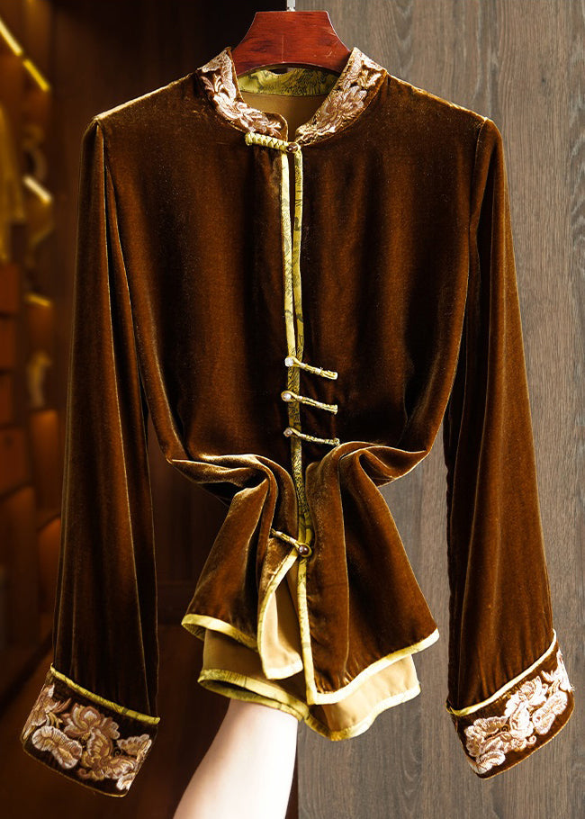 New Coffee Stand Collar Embroideried Button Silk Velour Top Spring - Omychic