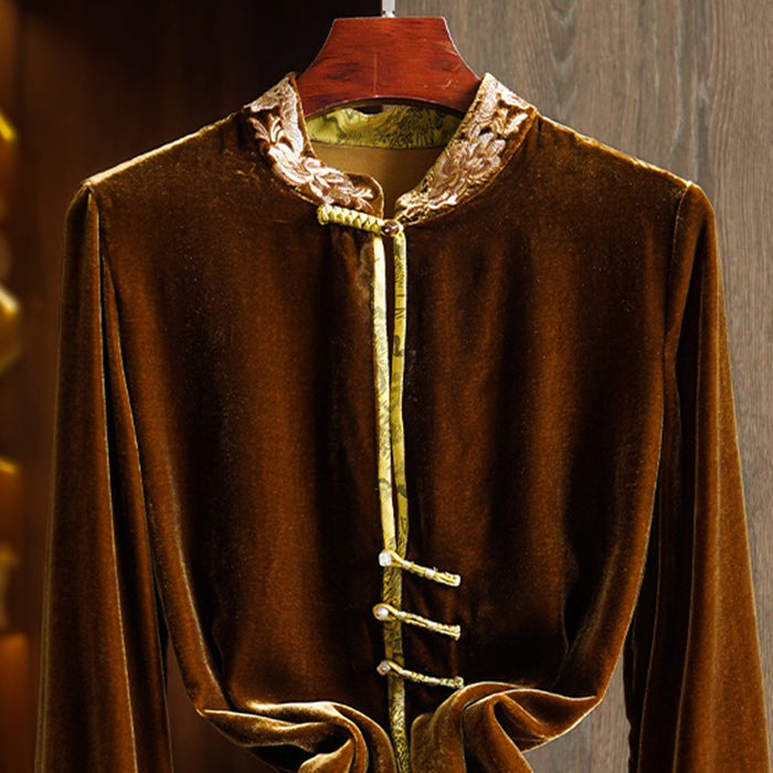 New Coffee Stand Collar Embroideried Button Silk Velour Top Spring - Omychic