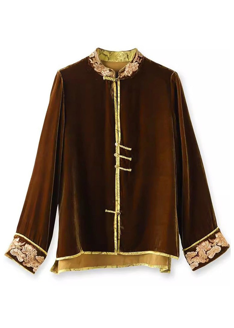 New Coffee Stand Collar Embroideried Button Silk Velour Top Spring - Omychic