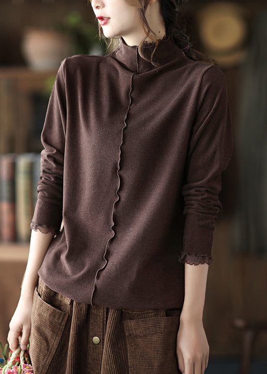 New Coffee Turtleneck Ruffled Patchwork Cotton Top Long Sleeve
