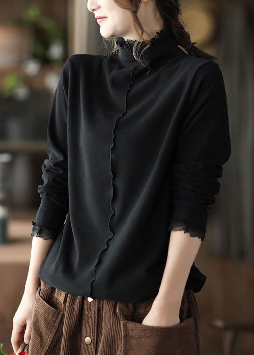 New Coffee Turtleneck Ruffled Patchwork Cotton Top Long Sleeve