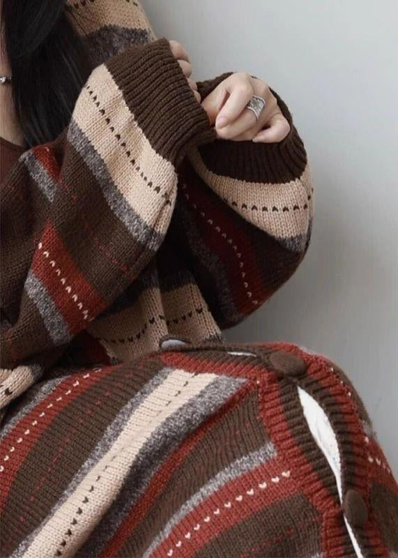 New Coffee V Neck Striped Button Patchwork Cozy Knit Loose Coat Fall