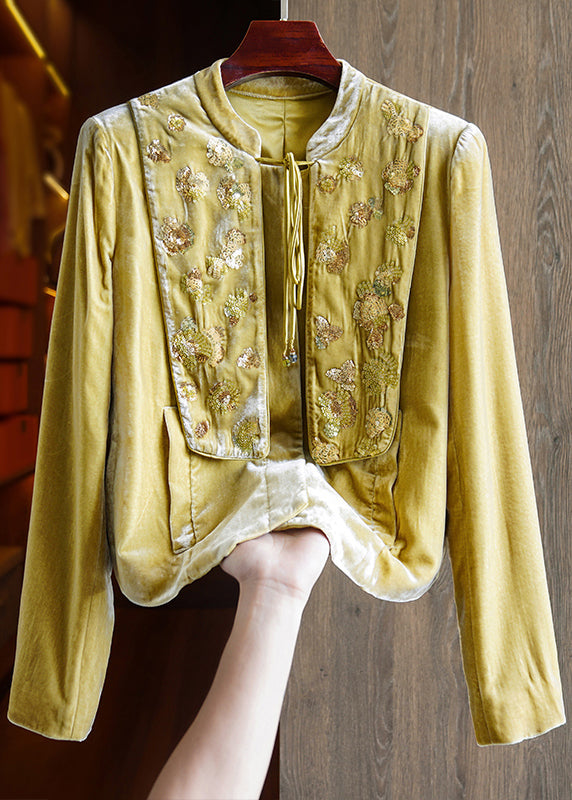 New Dark Yellow Sequins Lace Up Patchwork Silk Velour Coats Fall