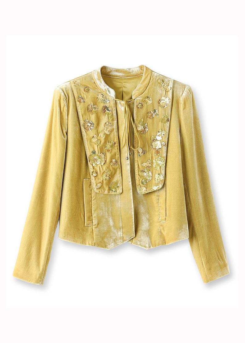 New Dark Yellow Sequins Lace Up Patchwork Silk Velour Coats Fall
