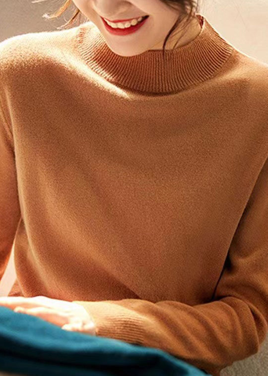 New Elegant Camel Stand Collar Woolen Knit Pullover Fall