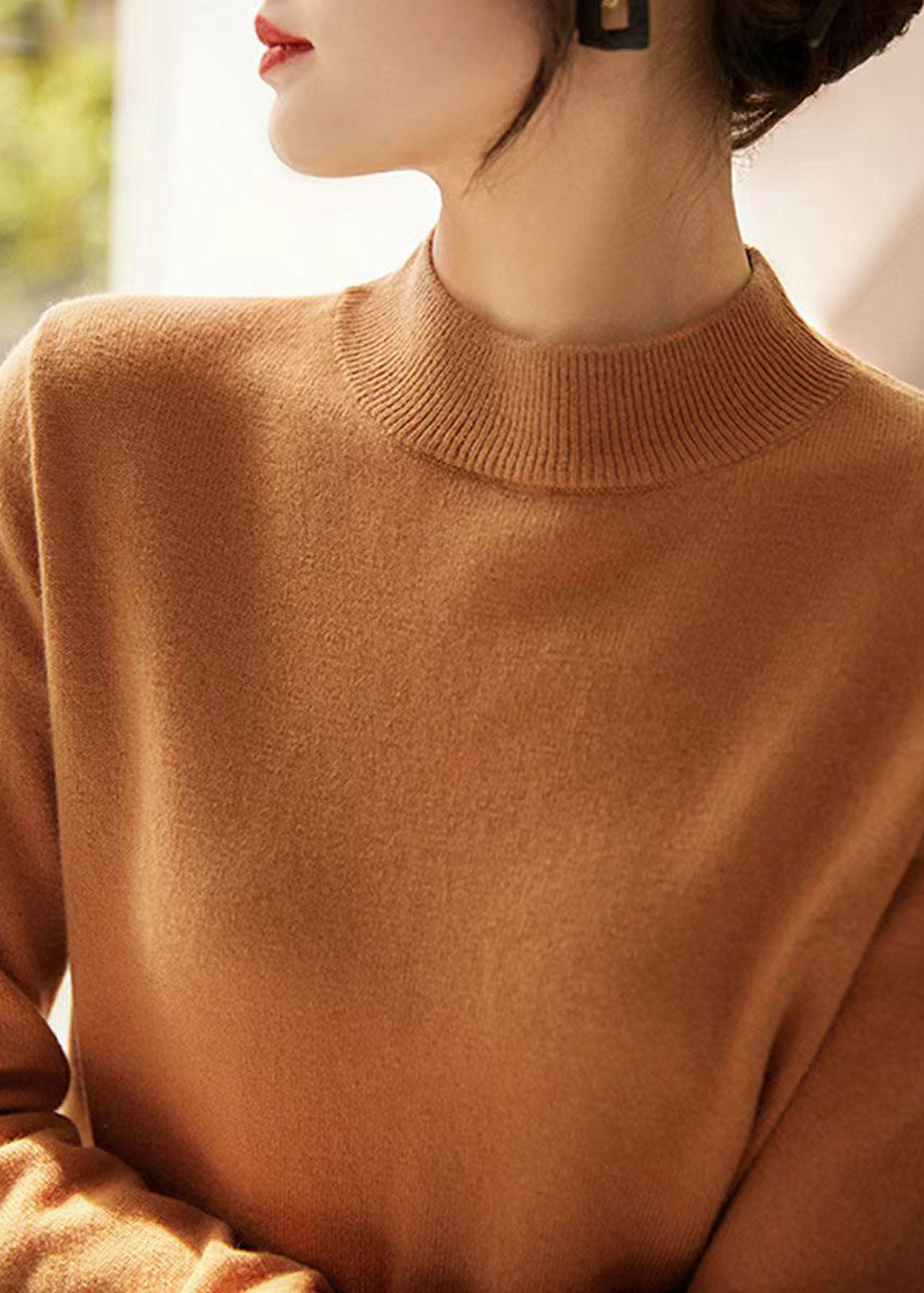 New Elegant Camel Stand Collar Woolen Knit Pullover Fall