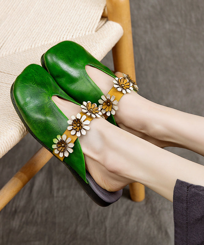 New Ethnic Style Green Floral Cowhide Leather Flats Slide Sandals