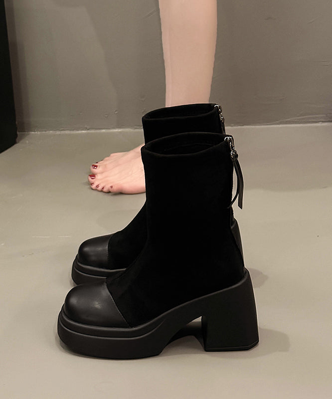 New French Black Zip Up Splicing Chunky Boots
