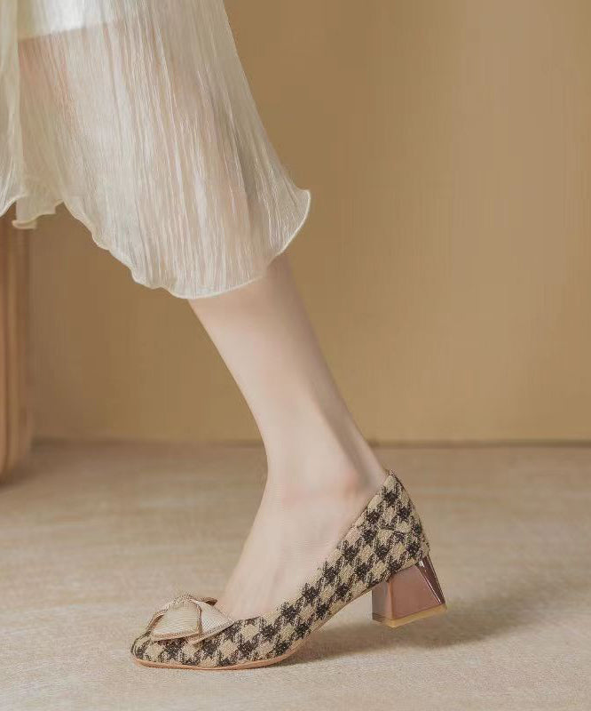 New French Square Bow Plaid Chunky Heel