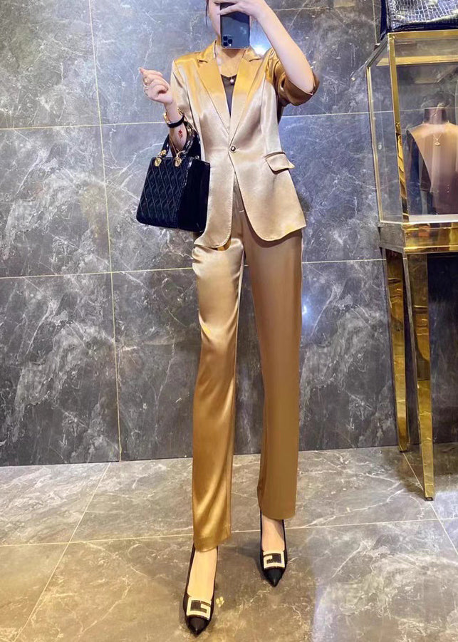 New Gold Notched Button Silk Women Sets 2 Pieces Spring