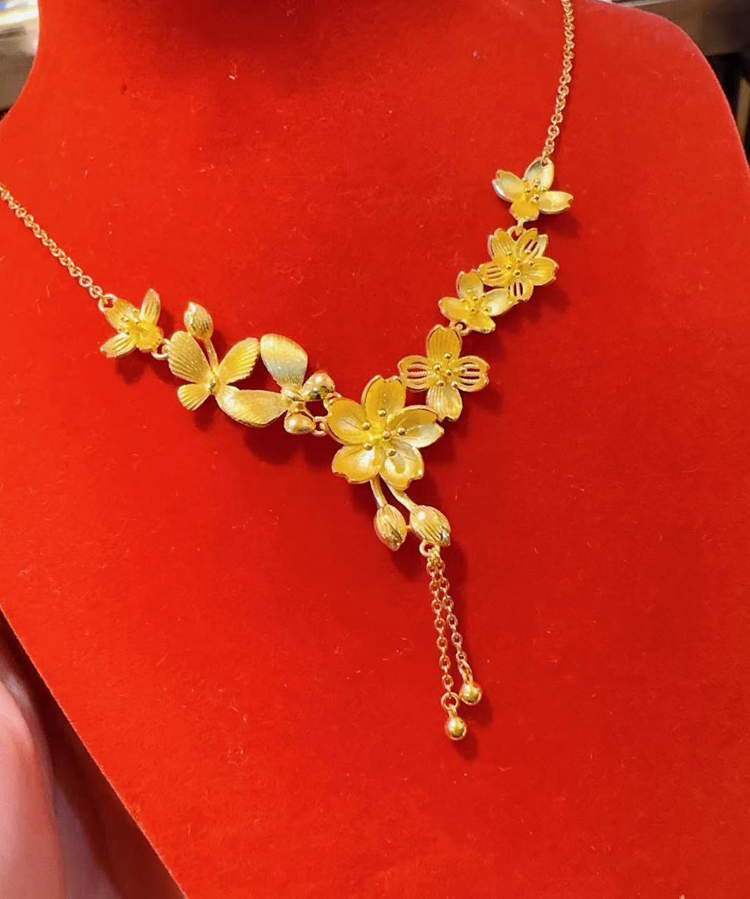 New Gold Sterling Silver Overgild Floral Tassel Pendant Necklace