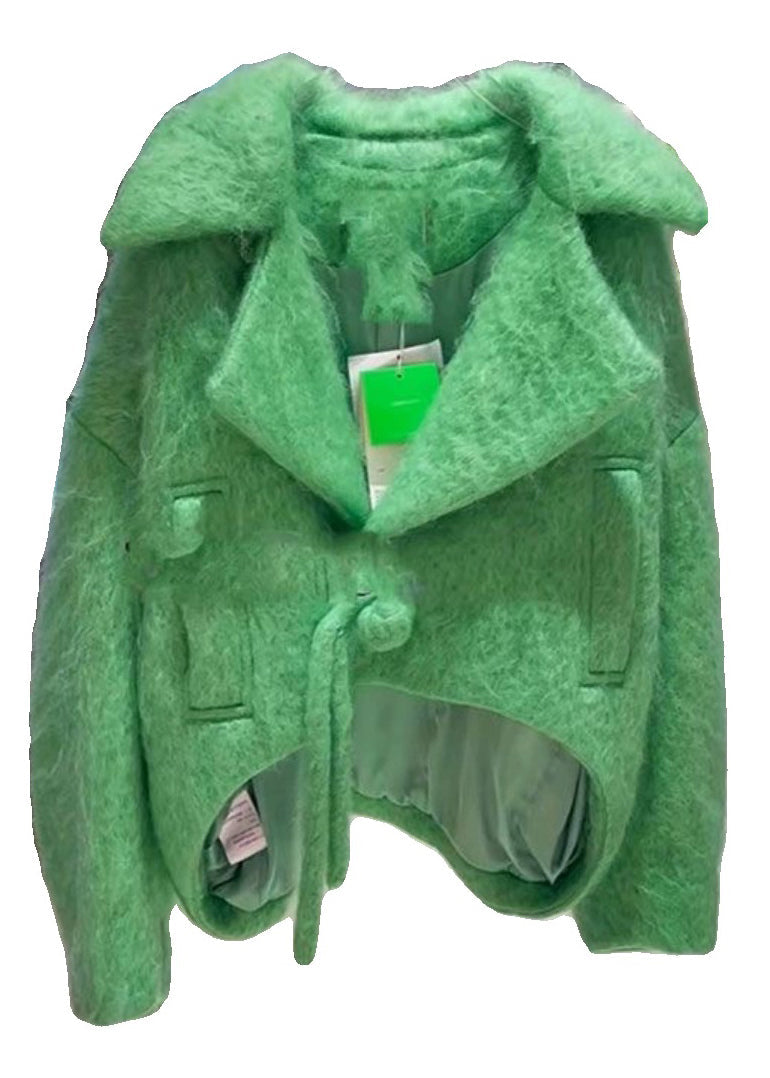 New Green Button Low High Design Woolen Coats Long Sleeve