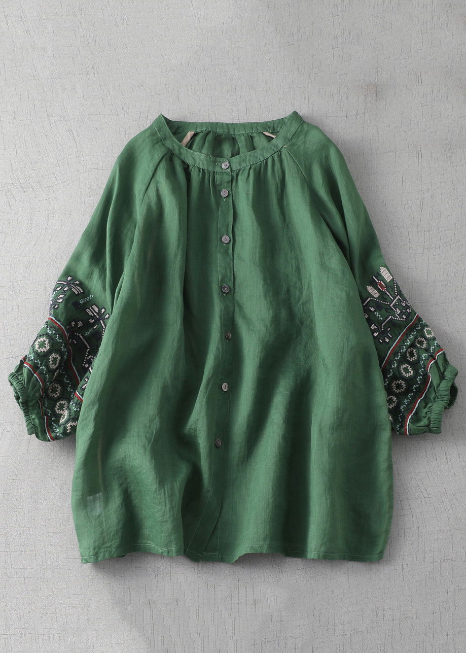 New Green Embroideried Button Cotton Shirt Lantern Sleeve