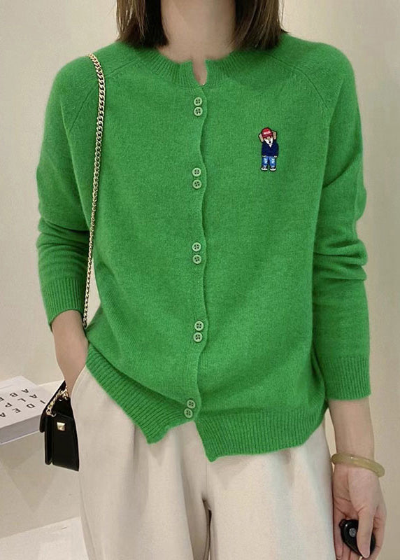 New Green O Neck Button Patchwork Knit Cardigans Long Sleeve