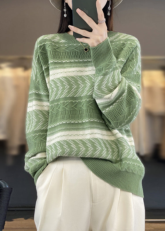 New Green O Neck Patchwork Cozy Wool Sweaters Fall