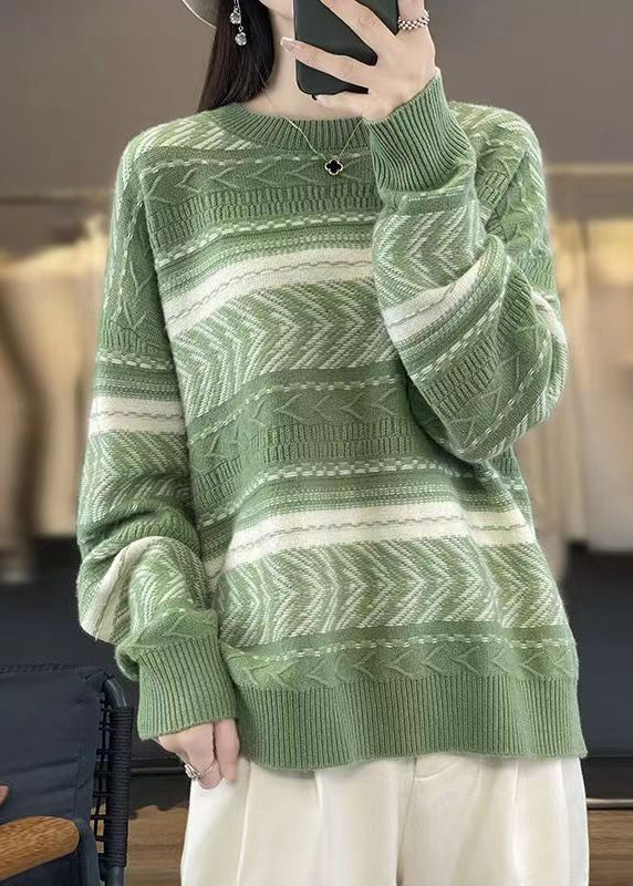 New Green O Neck Patchwork Cozy Wool Sweaters Fall