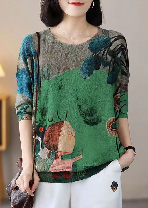 New Green O Neck Print Cotton Knit Top Half Sleeve