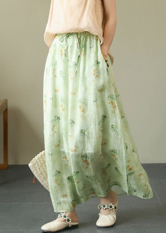 New Green Print Elastic Waist Cotton Skirts Spring