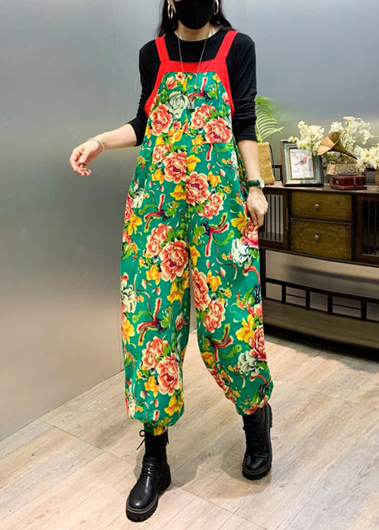 New Green Print Patchwork Cotton Jumpsuit Sleeveless