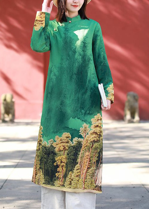 New Green Stand Collar Button Print Cotton Long Dress Spring