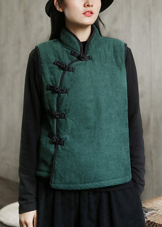 New Green Stand Collar Button Warm Fleece Waistcoat Sleeveless