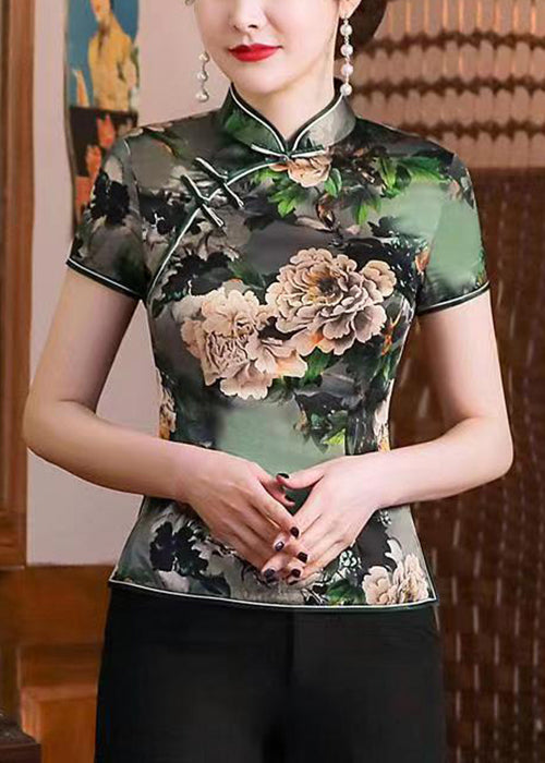 New Green Stand Collar Print Button Silk Top Summer